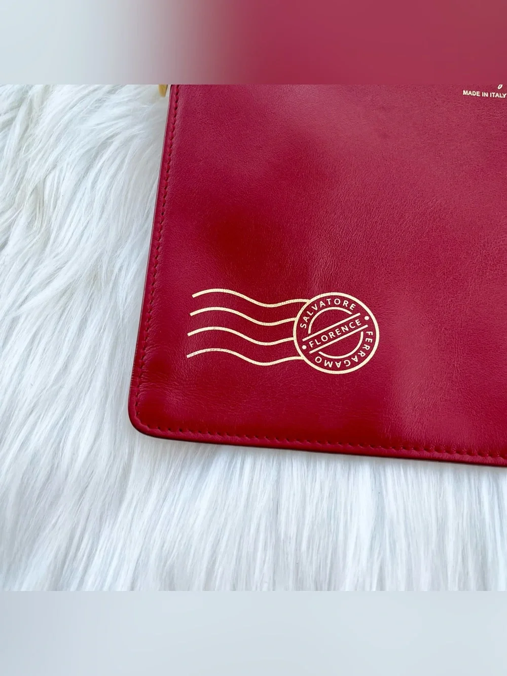 SALVATORE FERRAGAMO Red Leather Letter Envelope Zip Pouchette Wallet Clutch bag